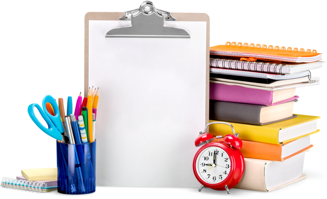 Notebooks Pens  Alarm Clock and Books
